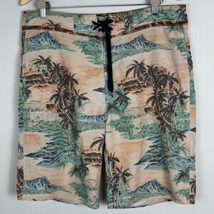 Rein Spooner Mens Tropical Palm Tree Board Shorts Mens Size‎ 34 Swim Brown Green